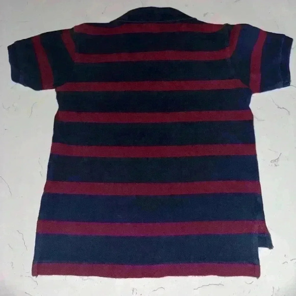 VINTAGE Ralph Lauren Polo Shirt Boy 6 Maroon Navy Striped Graphic Print Rugby - Picture 2 of 3